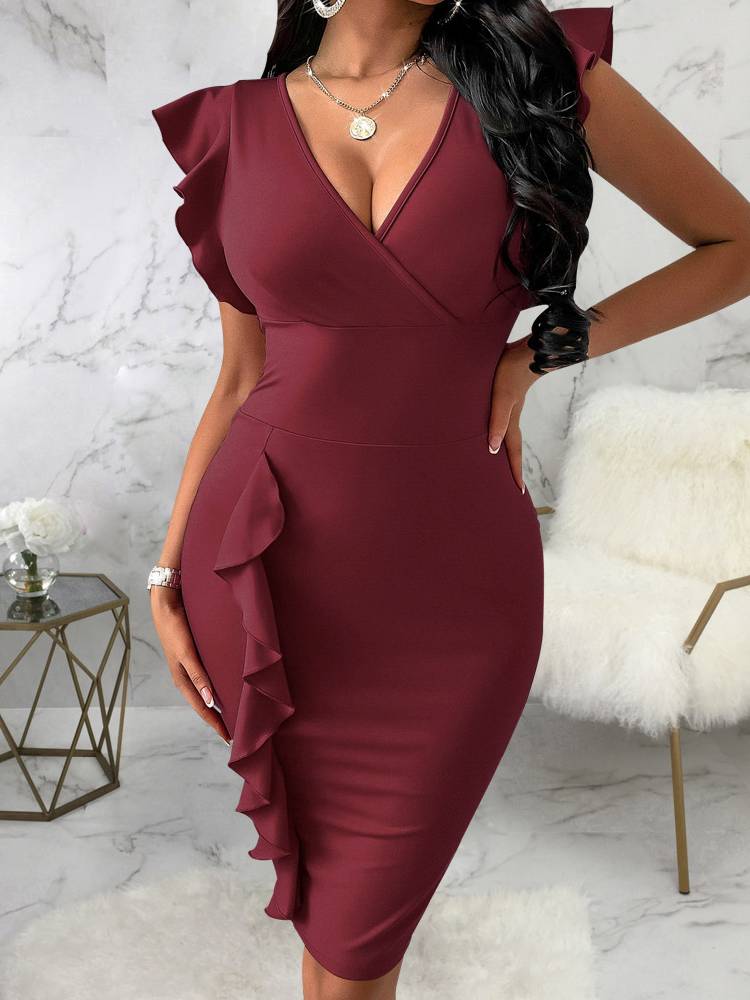 Ruffle Sleeve Bodycon Midi Dresses