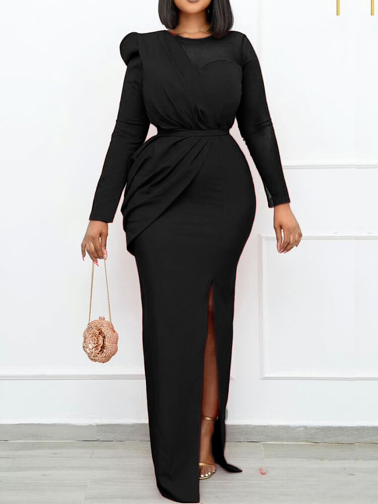 Long Sleeve Mesh Patchwork Split Maxi Dresses