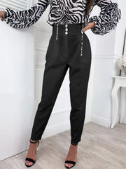 High Waist Solid Color Button Long Pants