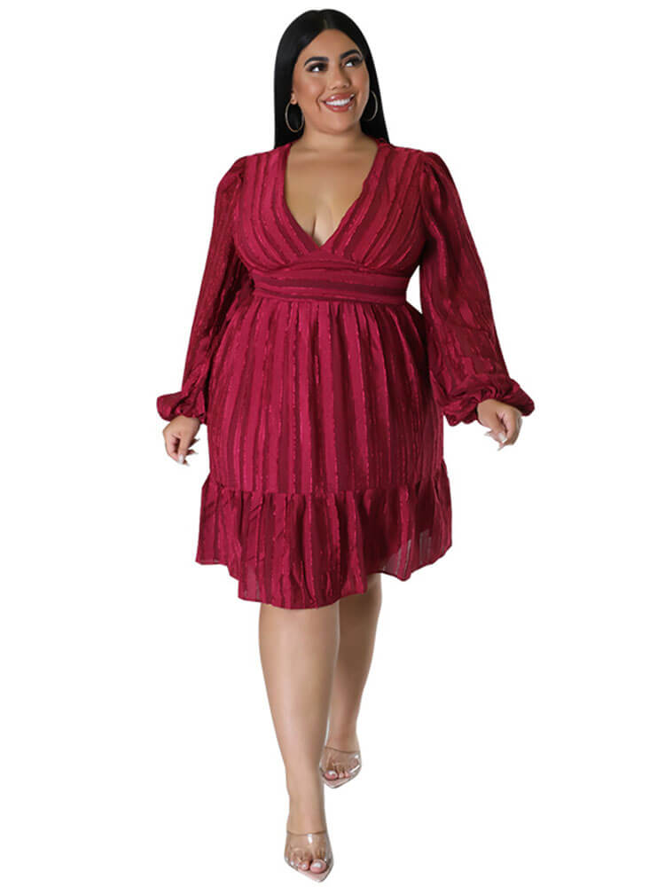 Plus Size Deep V Neck Long Puff Sleeve Mini Dresses