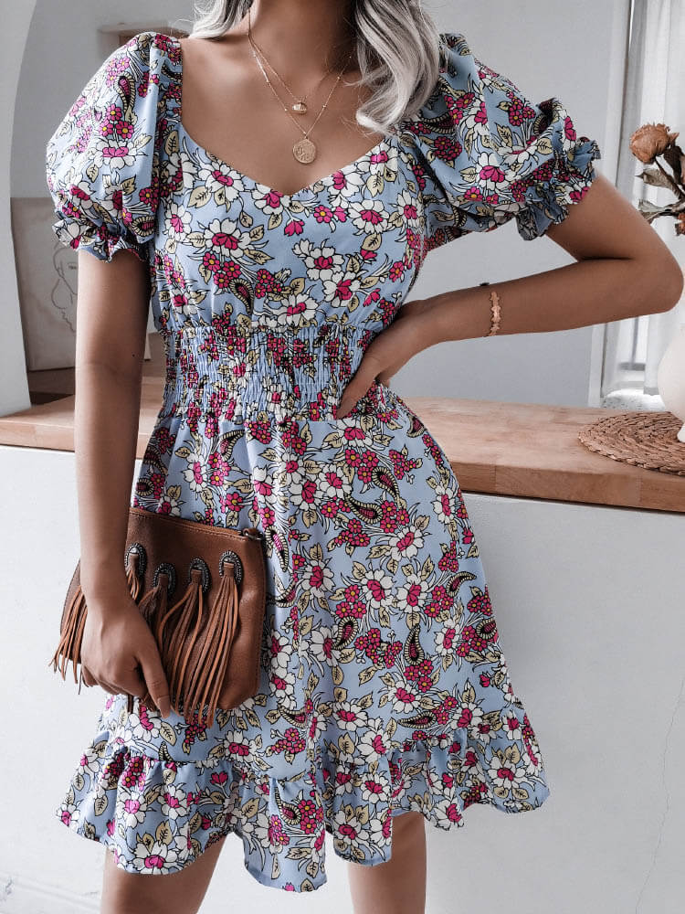 Puff Sleeve Floral Ruffled Mini Dress