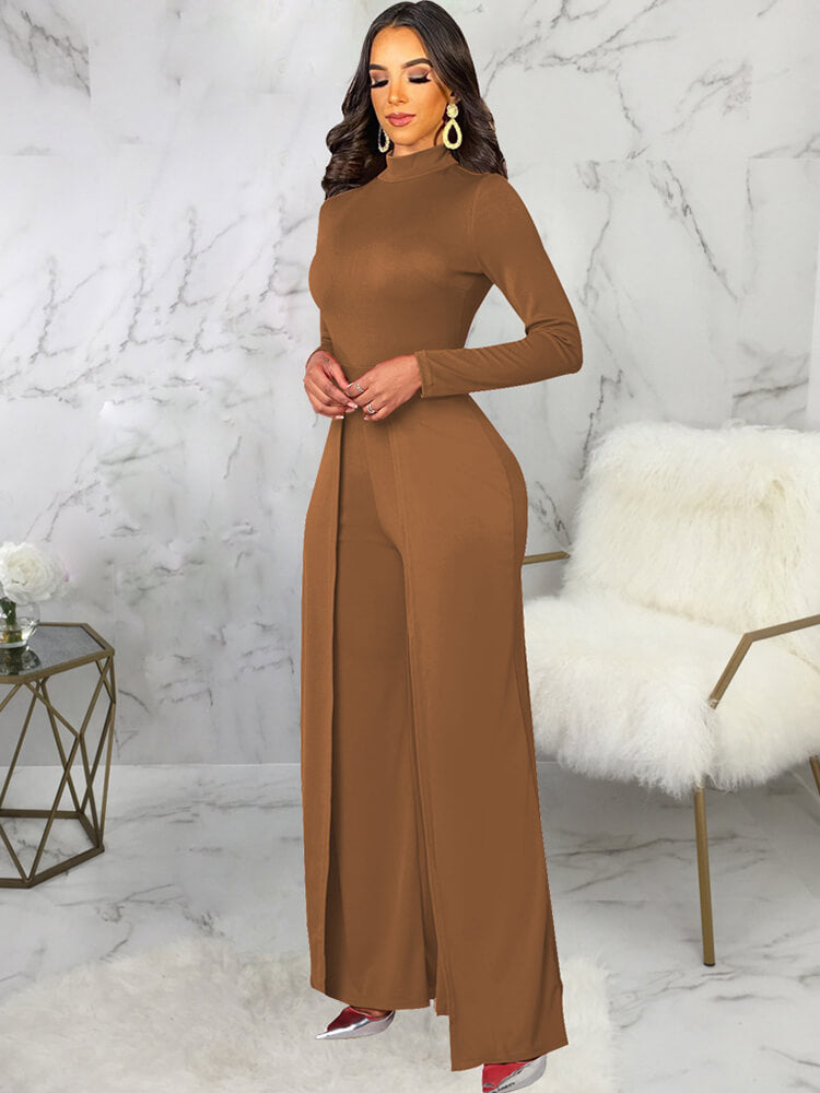 Mock Neck Long Sleeve Wide Leg Jumpsuits