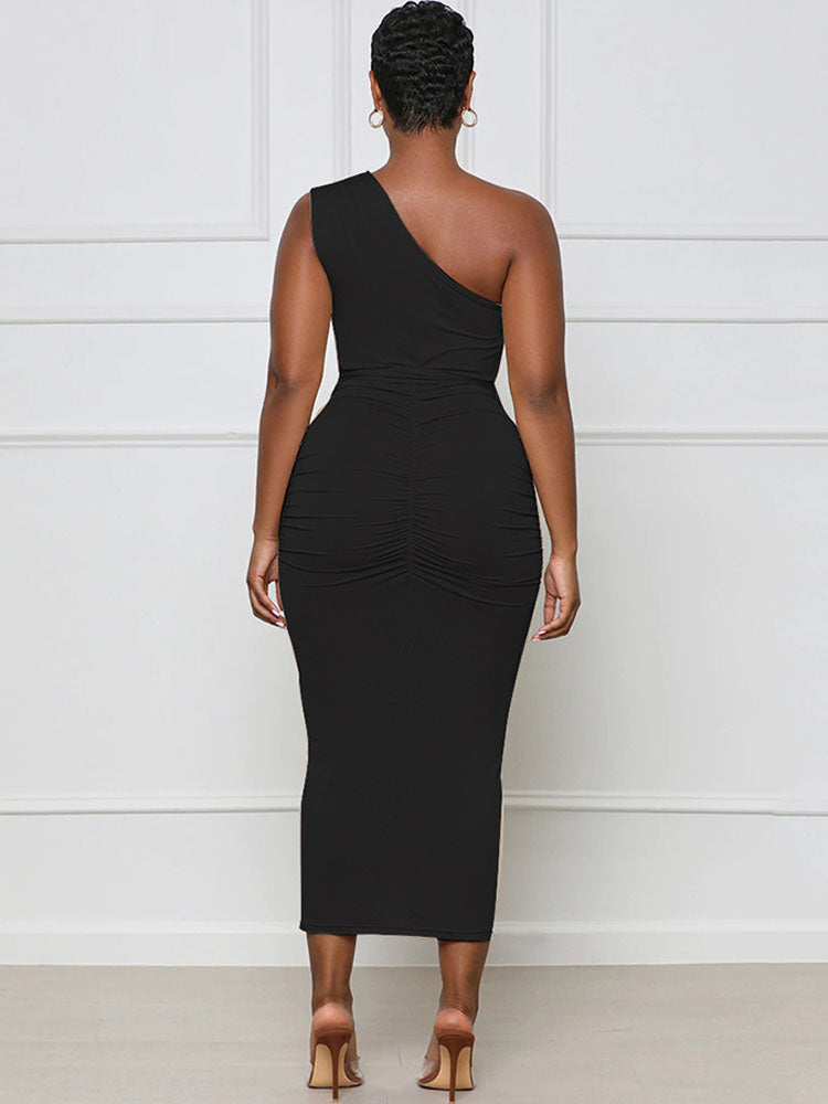 One Shoulder Belted Bodycon Midi Dresses