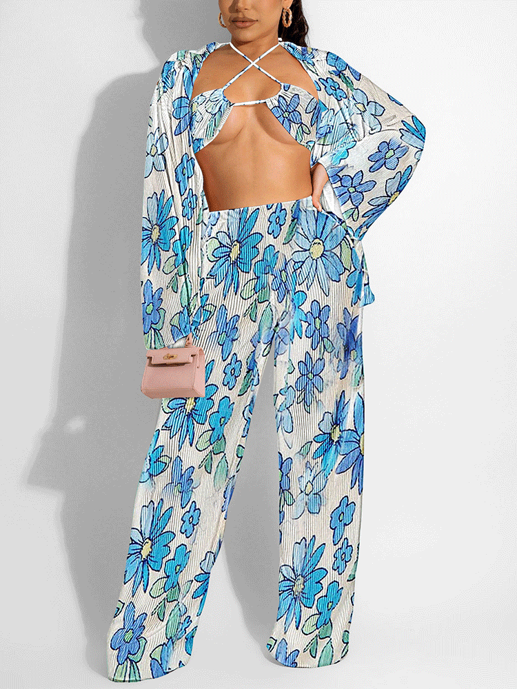 Three Piece Ruched Printed Cardigan Long Sleeves Outfits