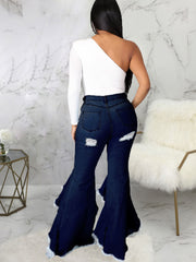 Denim Ripped Ruffle Hem Long Jeans