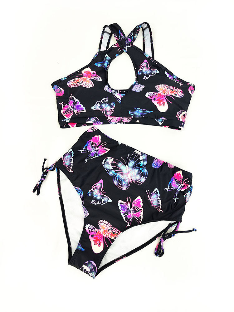 Plus Size Halter Neck Butterfly Print Swimsuit