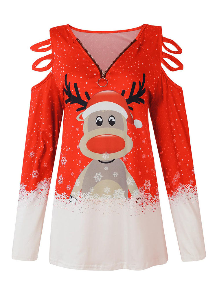 Christmas Plus Size Long Sleeves Elk Print Tops