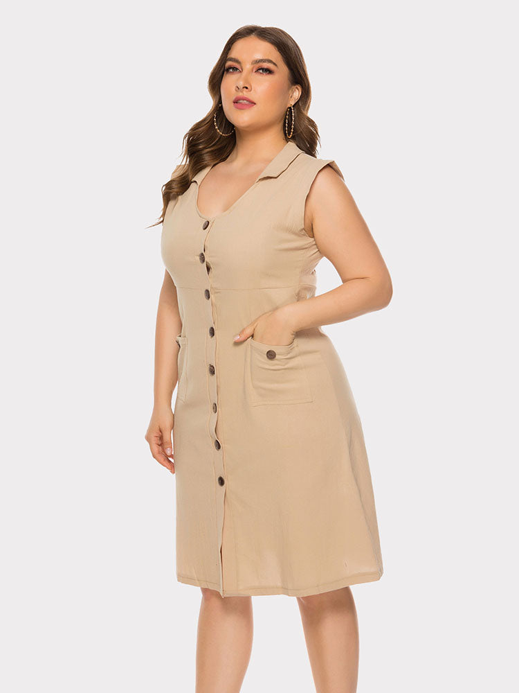 Plus Size Sleevelss Buttons Midi Dress