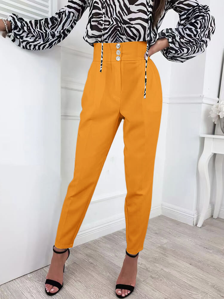 High Waist Solid Color Button Long Pants