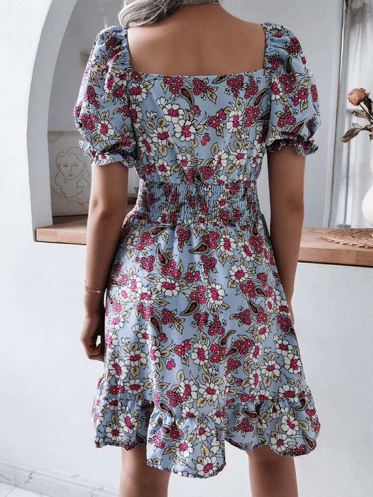 Puff Sleeve Floral Ruffled Mini Dress