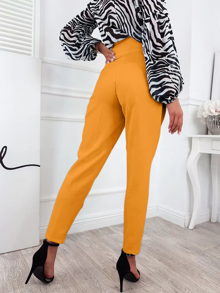 High Waist Solid Color Button Long Pants