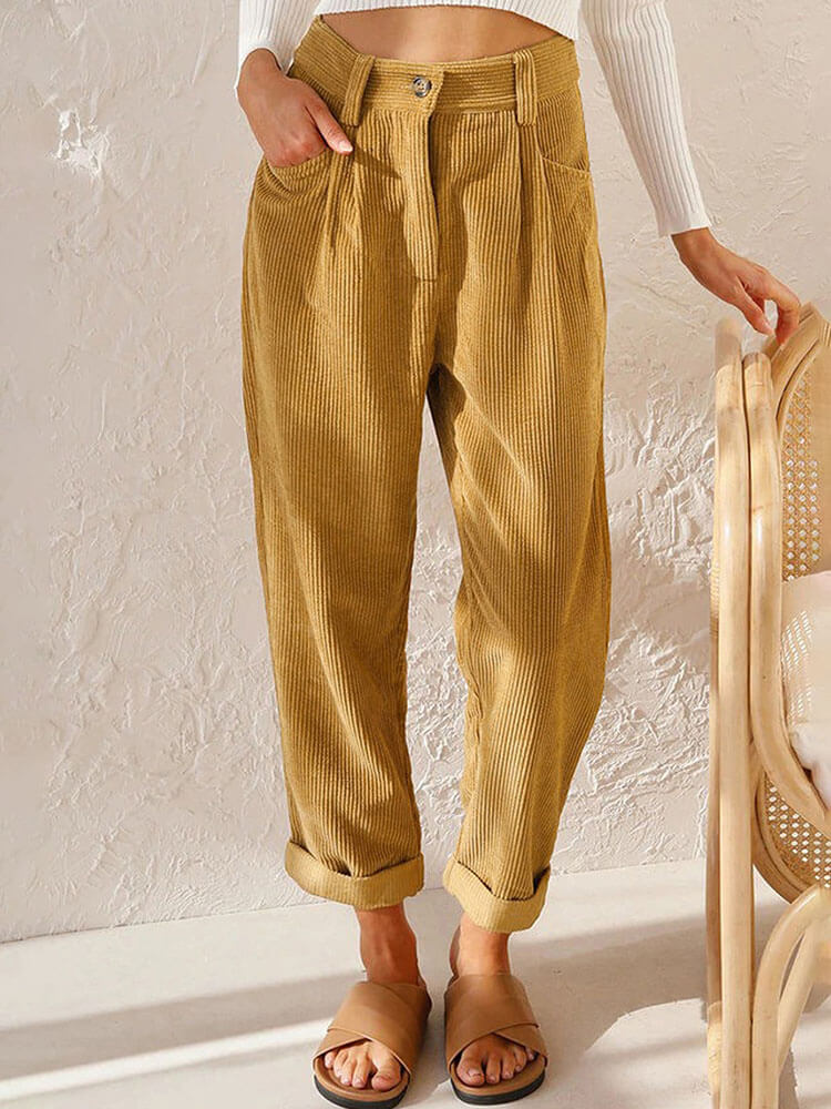 High Waist Corduroy Solid Color Long Pants