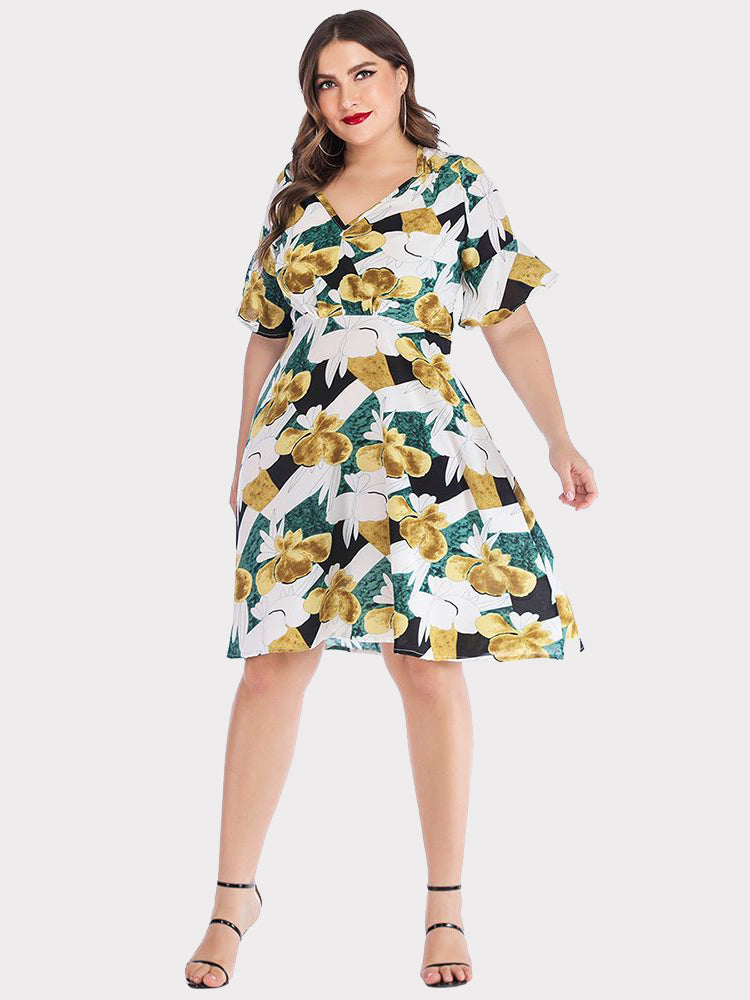 Ruffle Print Stitching Dress