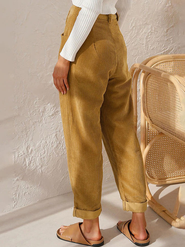 High Waist Corduroy Solid Color Long Pants