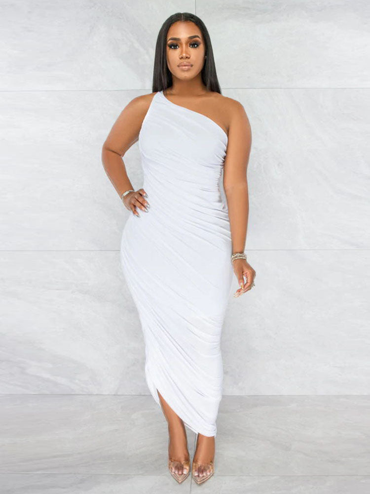 One Shoulder Sleeveless Backless Ruched Maxi Dresses