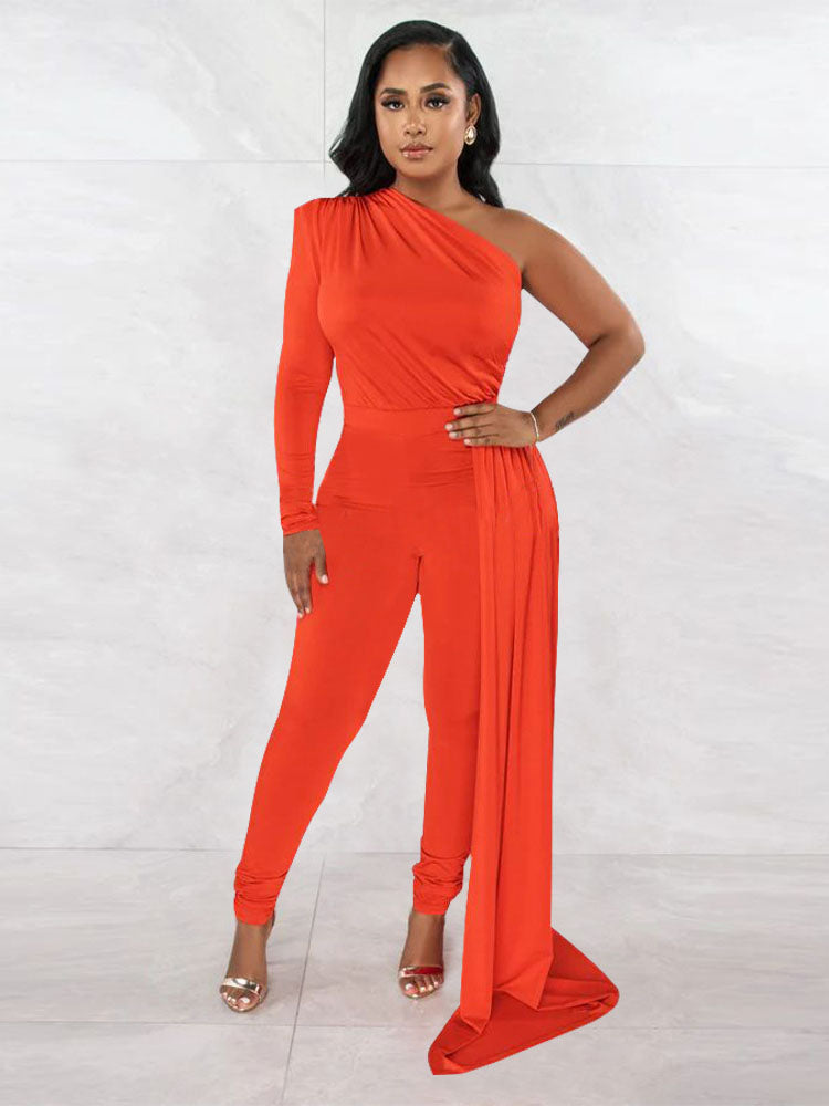 Long Sleeve One Shoulder Solid Jumpsuits