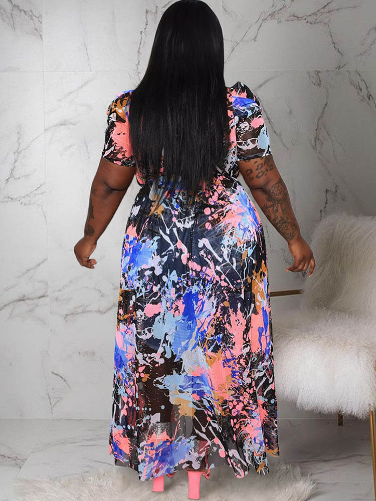 Plus Size Mesh Asymmetrical Flowy Hem Dresses