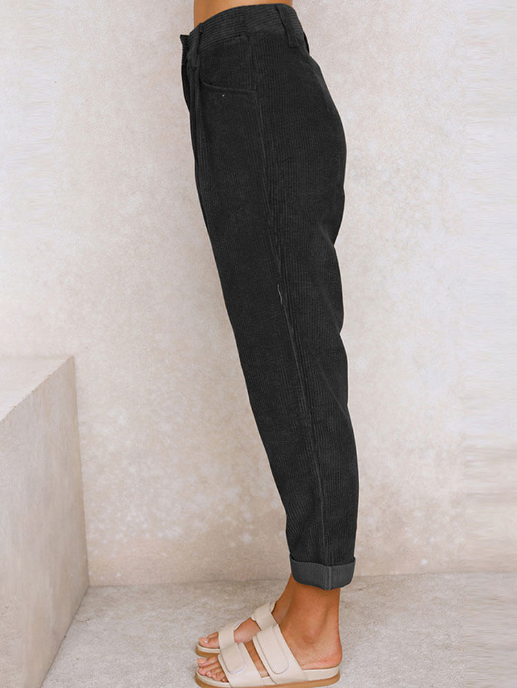 High Waist Corduroy Solid Color Long Pants