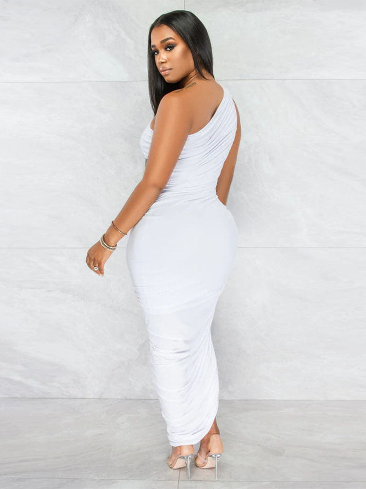 One Shoulder Sleeveless Backless Ruched Maxi Dresses