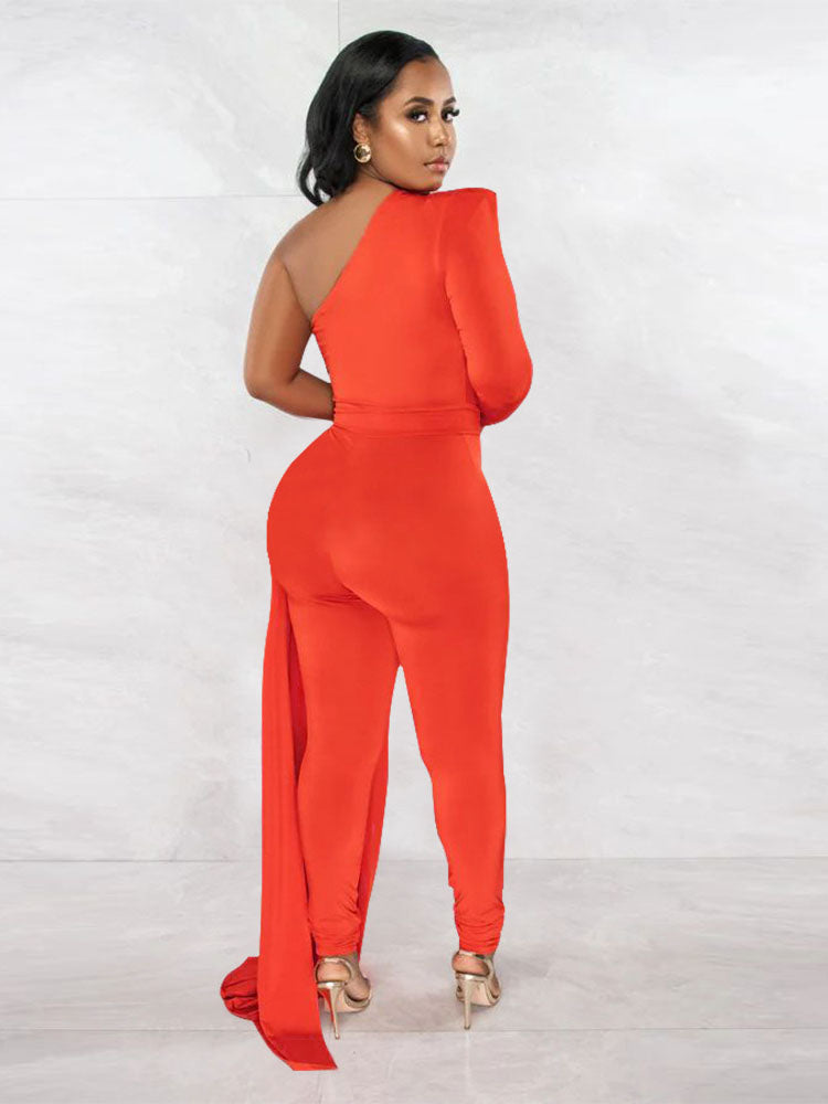 Long Sleeve One Shoulder Solid Jumpsuits