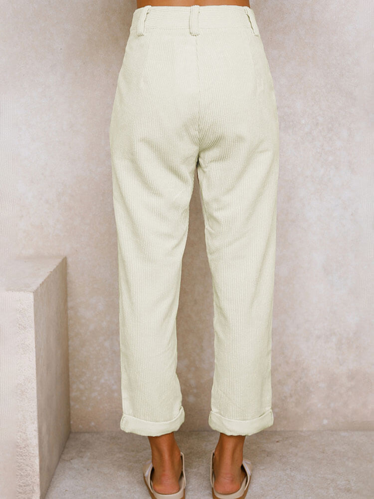 High Waist Corduroy Solid Color Long Pants