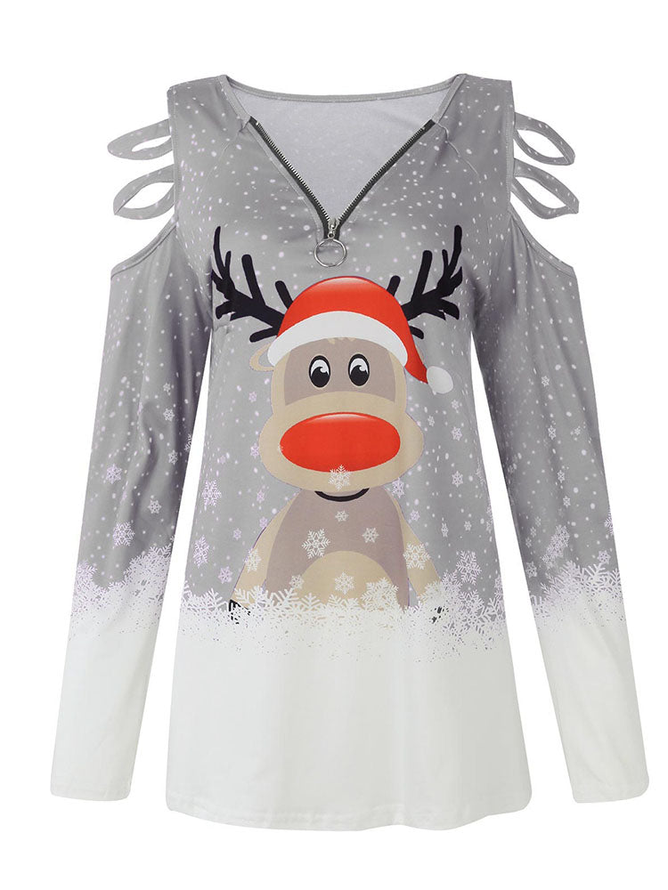 Christmas Plus Size Long Sleeves Elk Print Tops