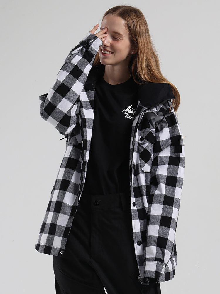 Autumn And Winter Black And White Plaid Shirt Ski Jacket Waterproof Thick Warm Veneer Trend Loose Snow Jacket