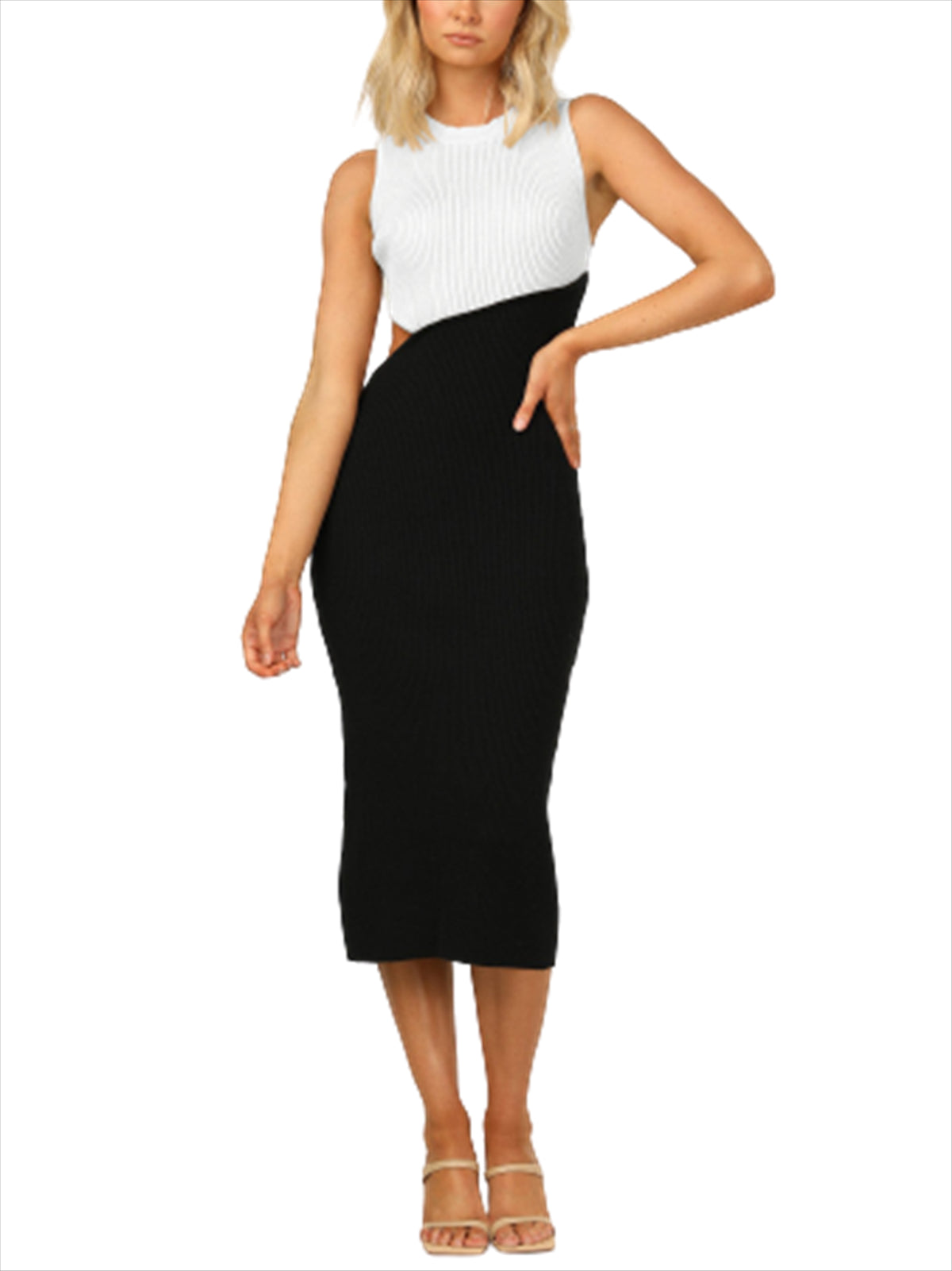 Sleeveless Color Block Bodycon Midi Dresses