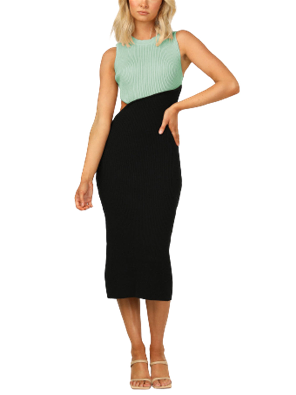 Sleeveless Color Block Bodycon Midi Dresses