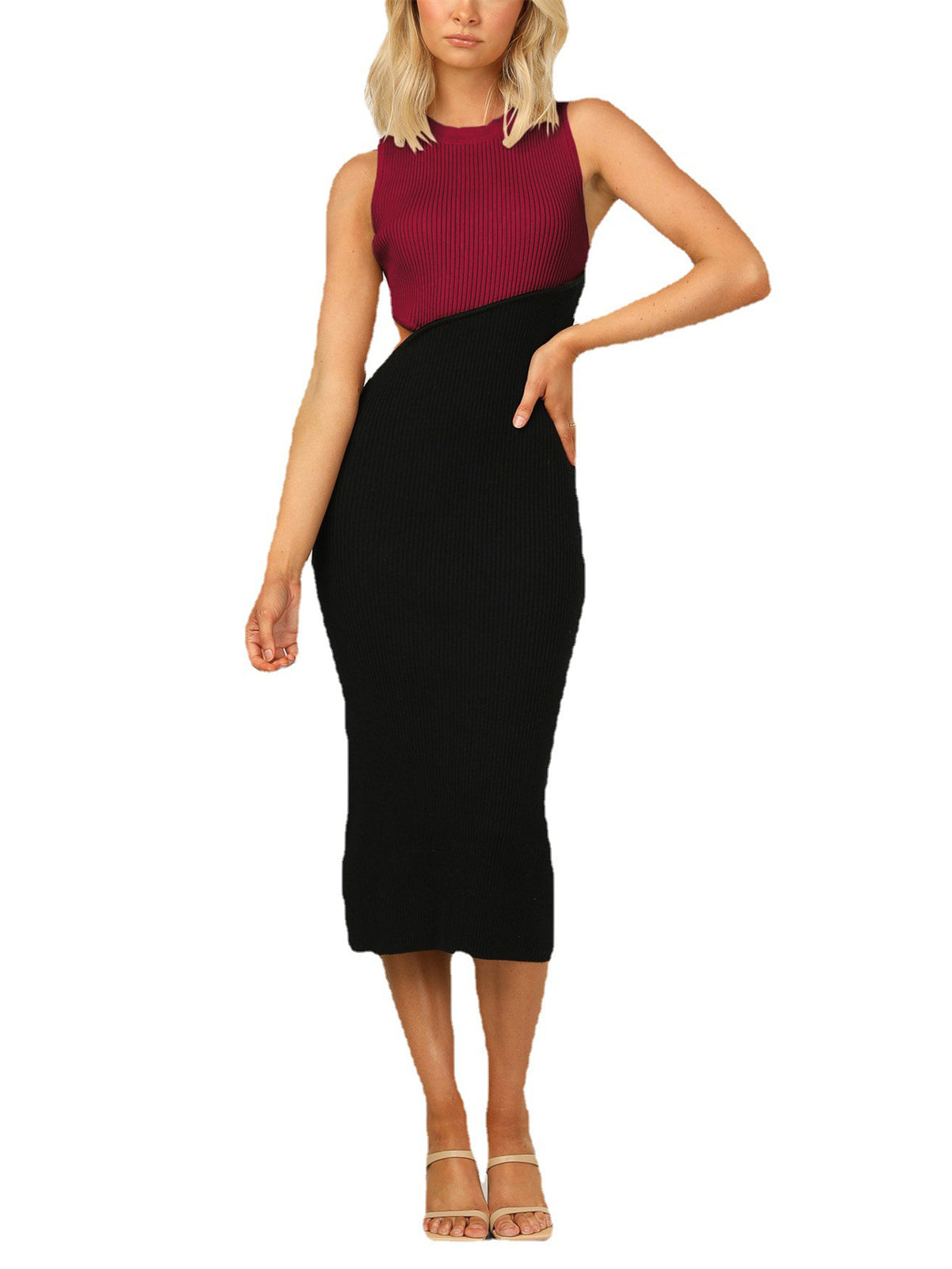 Sleeveless Color Block Bodycon Midi Dresses