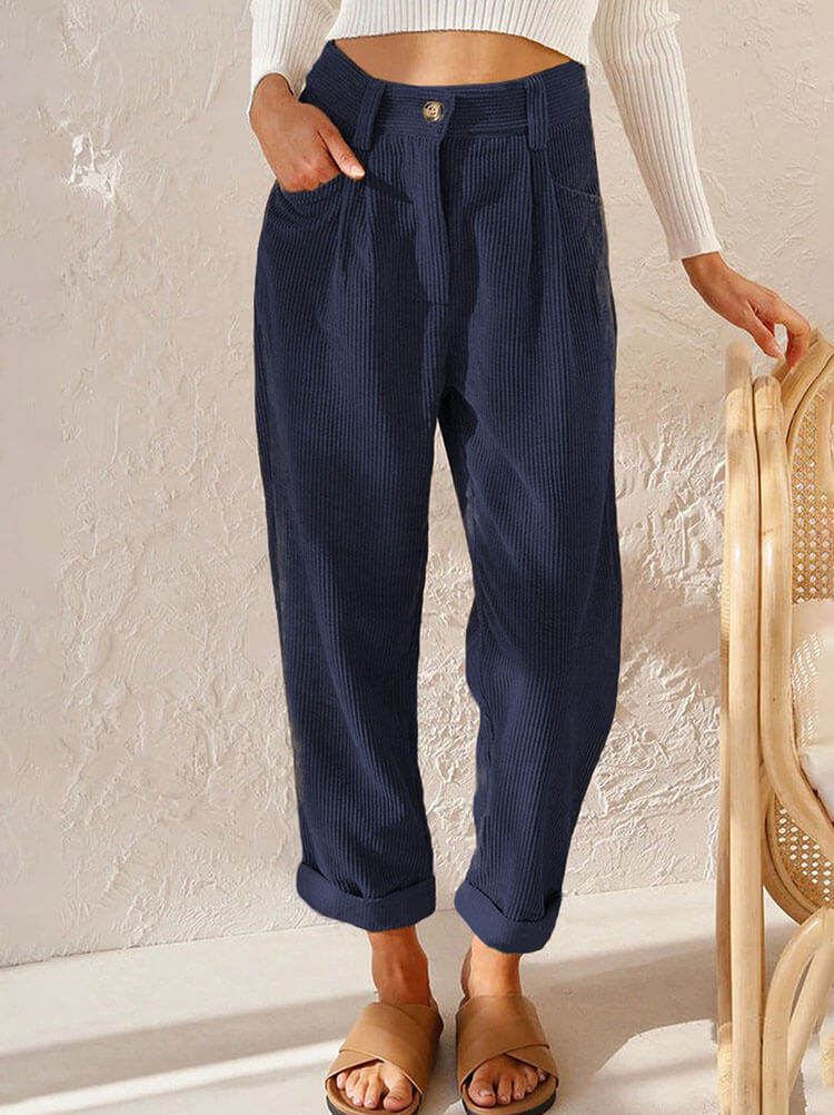 High Waist Corduroy Solid Color Long Pants