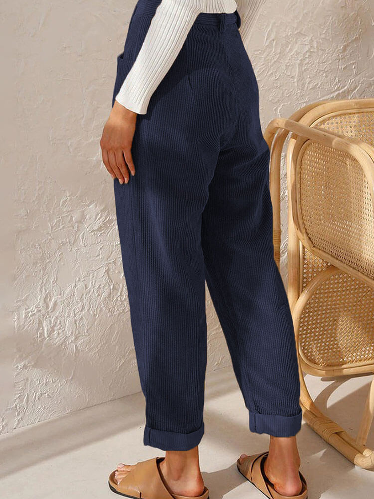 High Waist Corduroy Solid Color Long Pants