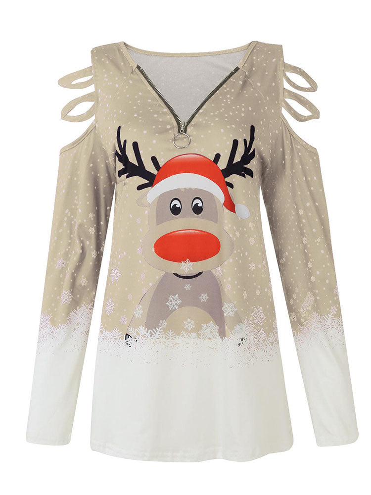 Christmas Plus Size Long Sleeves Elk Print Tops