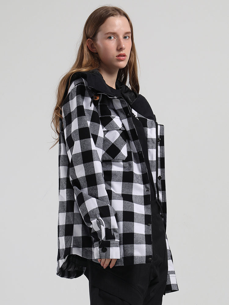 Autumn And Winter Black And White Plaid Shirt Ski Jacket Waterproof Thick Warm Veneer Trend Loose Snow Jacket