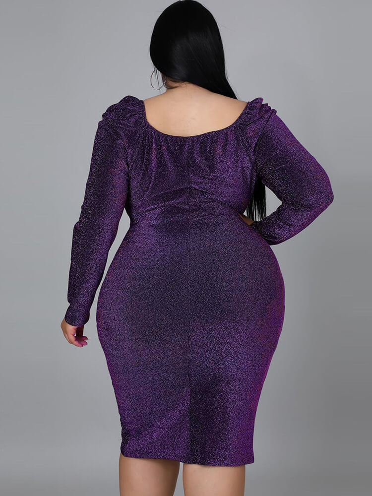 Plus Size Long Sleeve Glitter Midi Dress