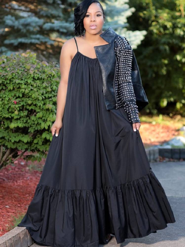 Plus Size Spaghetti Strap Ruffle Maxi Swing Dresses