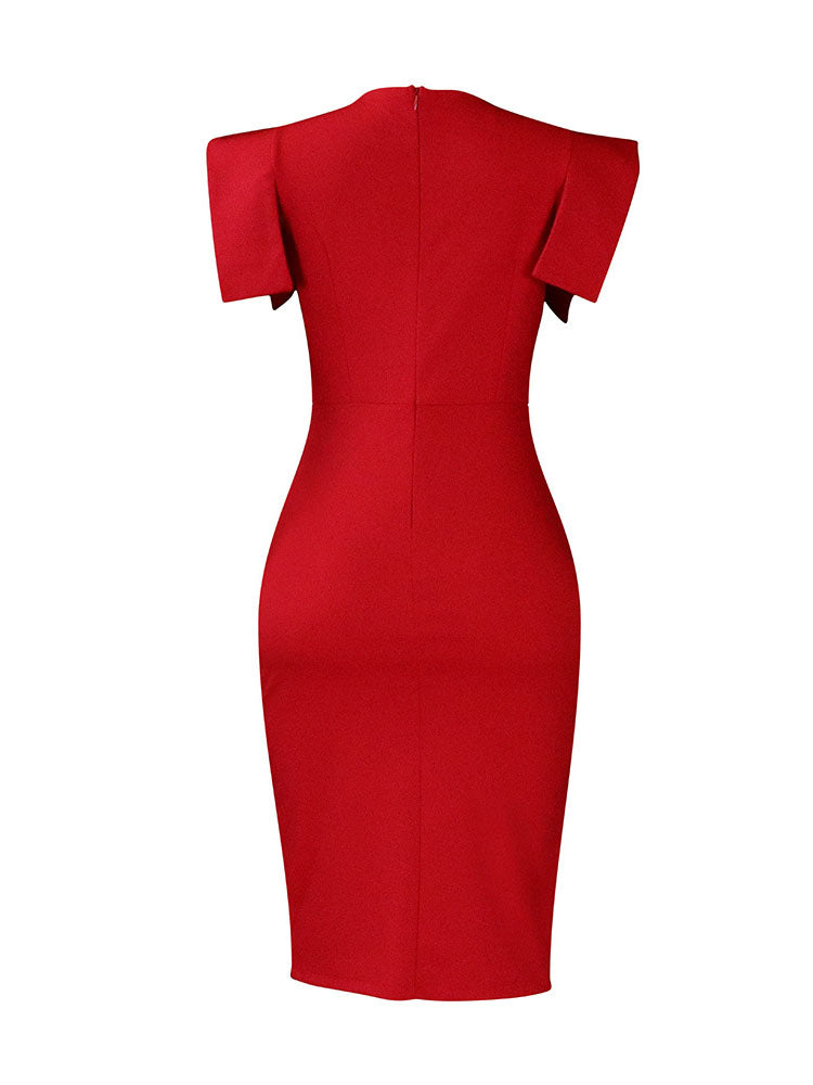 Short Sleeve Side Slit Shiny Trim Bodycon Midi Dress