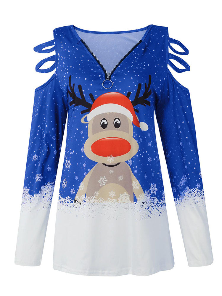 Christmas Plus Size Long Sleeves Elk Print Tops