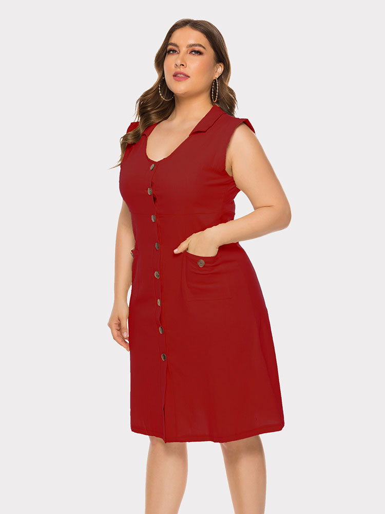 Plus Size Sleevelss Buttons Midi Dress