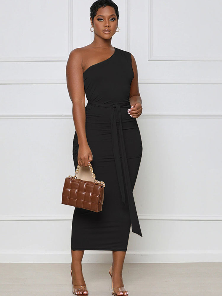 One Shoulder Belted Bodycon Midi Dresses