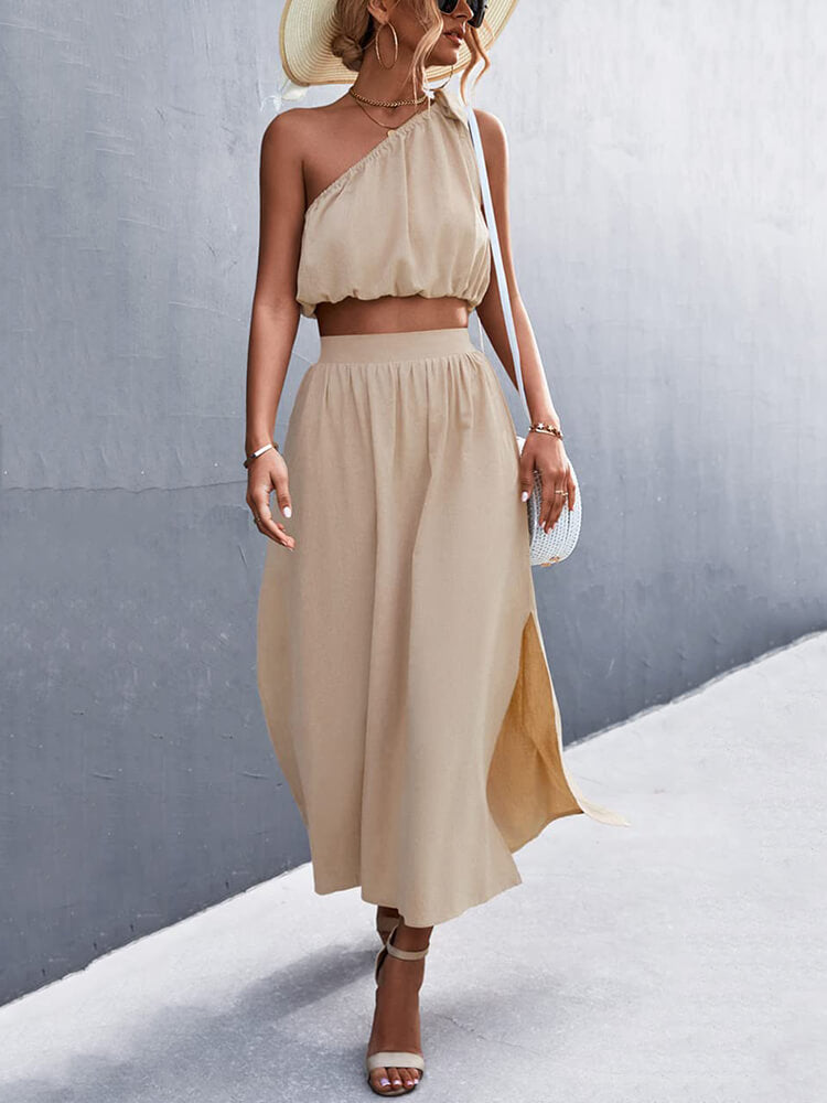 One Shoulder Sleeveless Crop Top & Split Midi Skirts