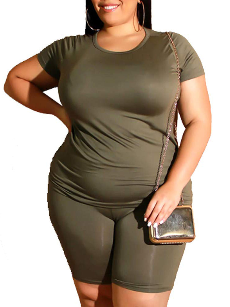 Plus Size Two Piece T Shirt Tops + Bodycon Shorts