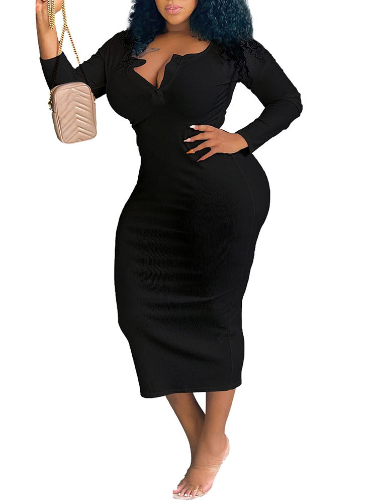 Plus Size V Neck Long Sleeve Bodycon Midi Dress