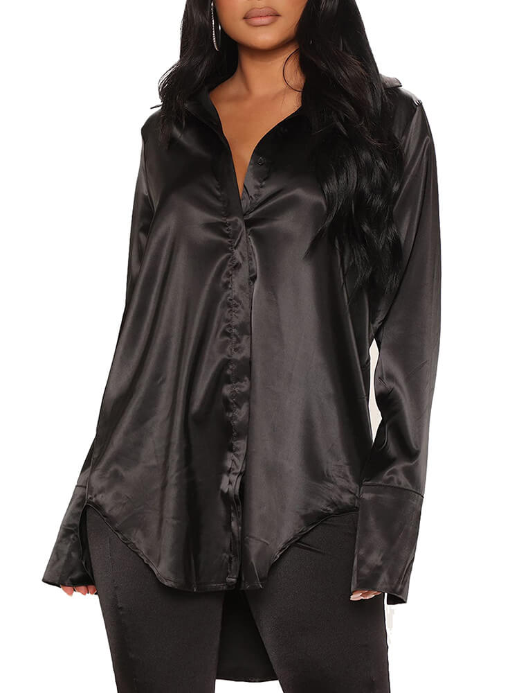 Satin Long Sleeve Asymmetrical Hem Blouses Tops