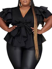 Plus Size V Neck Ruffles Short Sleeve Bow Tie Tunics Shirt