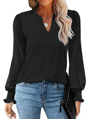 Puff Sleeve V Neck Ruffle Loose Blouse Tops