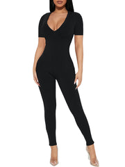 V Neck Short Sleeve Ribbed Bodycon JumpSuits