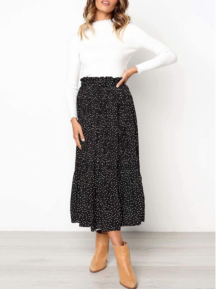 Polka Dots Floral Elastic Waist Long Dress