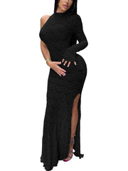 One Shoulder Lace Split Maxi Dress