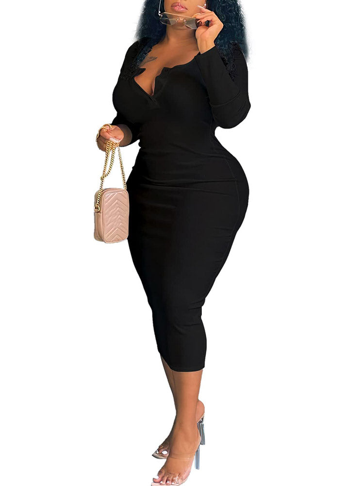 Plus Size V Neck Long Sleeve Bodycon Midi Dress